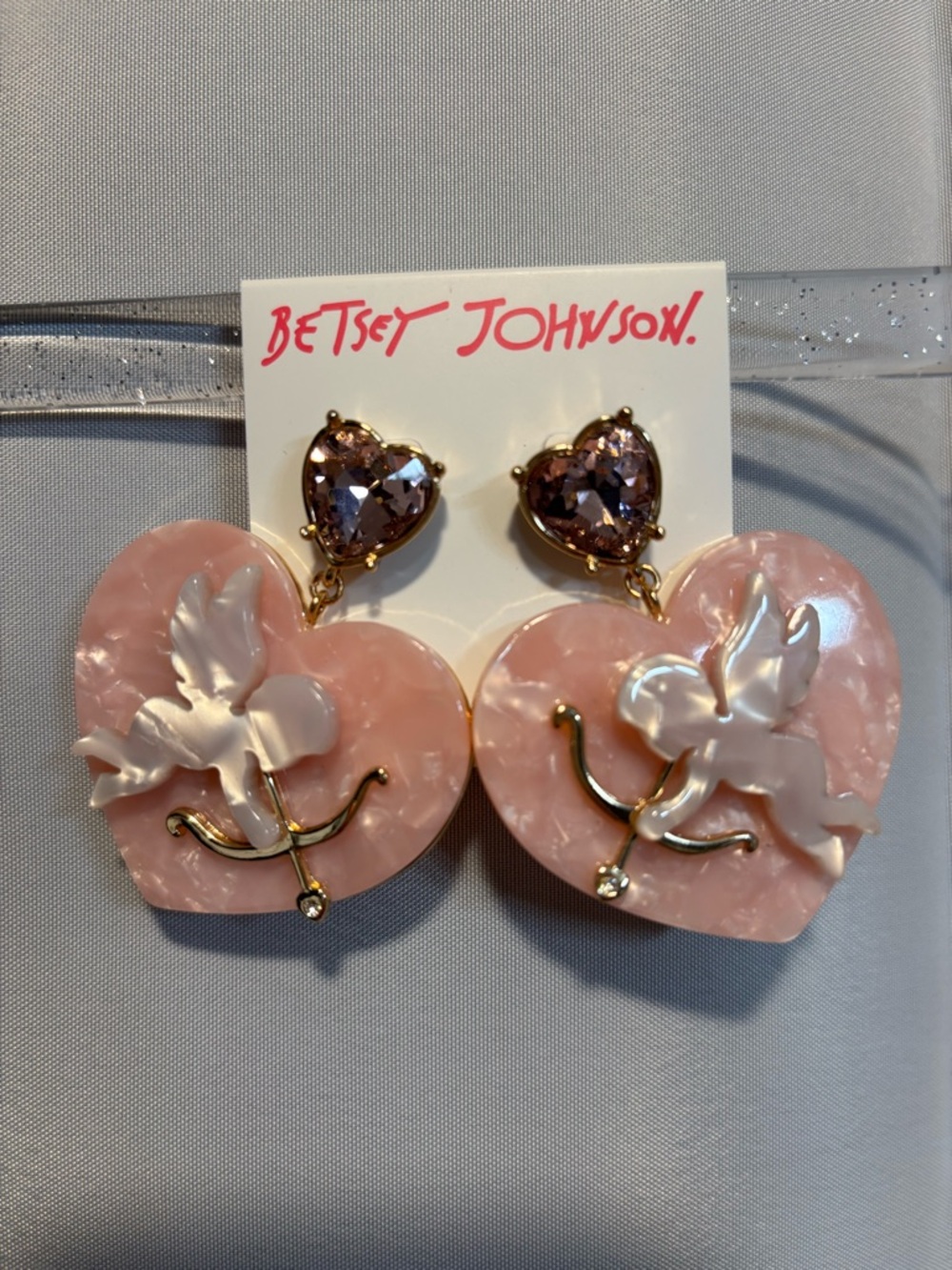 Betsey Johnson Pink Heart Earrings with Cupid Motif and Pink Crystal Studs